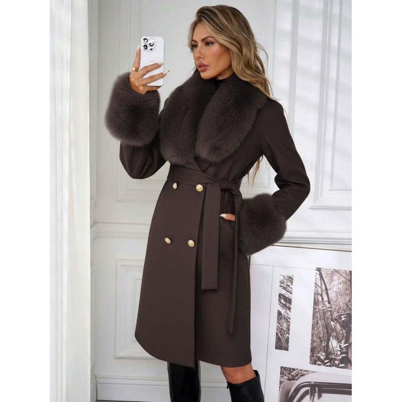 Women’s Elegant Double-Breasted Trench Coat with Tie Belt – Classic Longline Outerwear Jacket