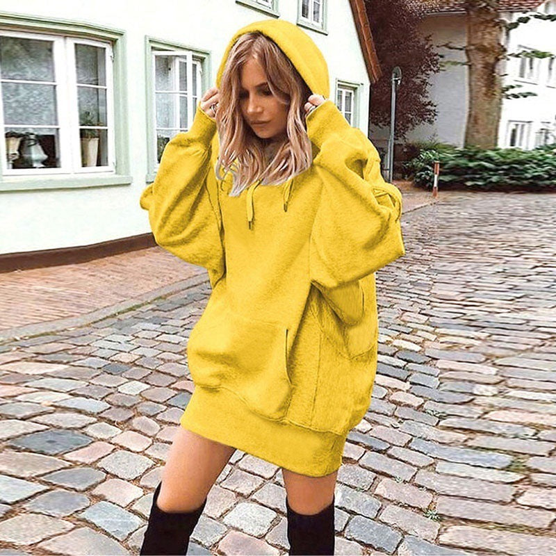 Women’s Solid Color Fleece Hoodie – Loose-Fit Pullover Hooded Sweatshirt