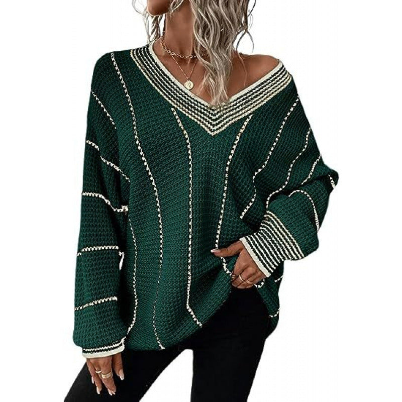 Women’s Striped V-Neck Sweater – Loose-Fit Long-Sleeve Casual Knit Pullover