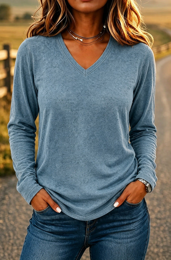 Women’s V-Neck Loose-Fit Long Sleeve T-Shirt – Solid Color Casual Pullover Top