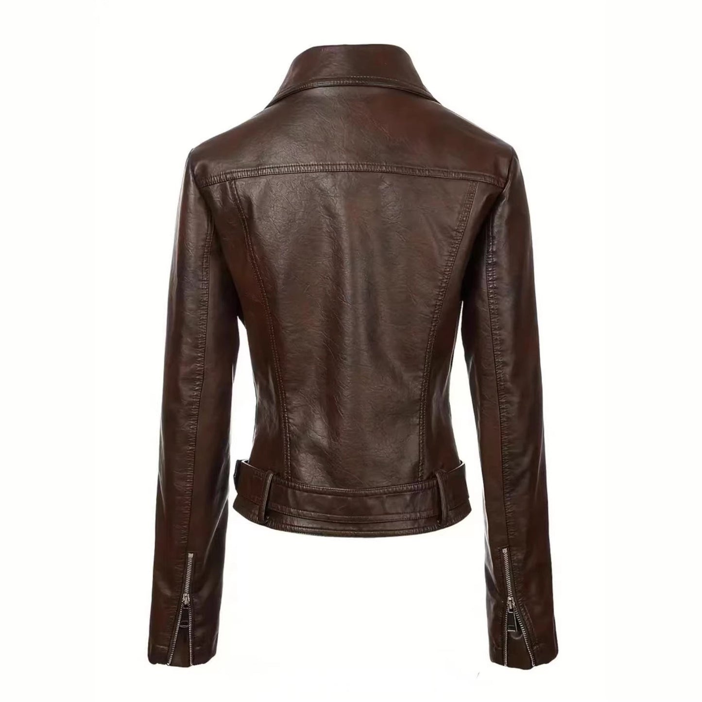 Women’s Short Leather Biker Jacket – Lapel Collar Motorcycle-Style Slim-Fit Coat