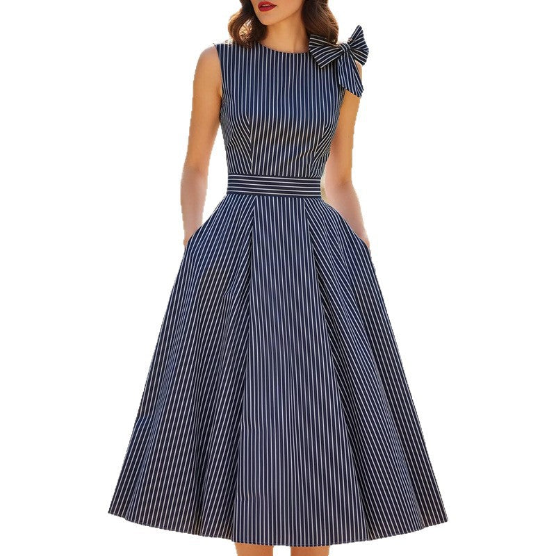 French-Style Vintage Striped Sleeveless High-Waisted Long Dress
