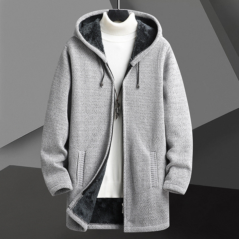 Men’s Fleece-Lined Hooded Cardigan Sweater – Mid-Length Zip-Up Winter Jacket