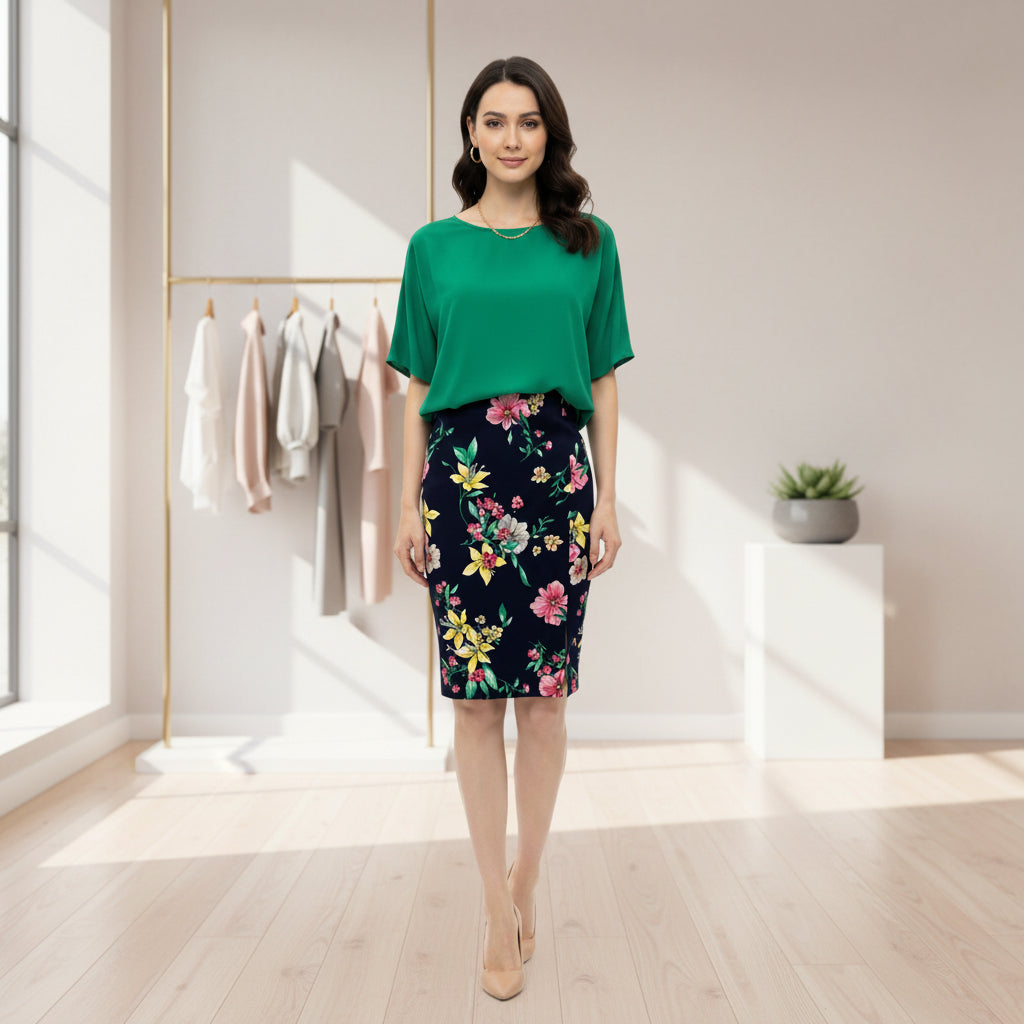 Jupe droite motif fleurs