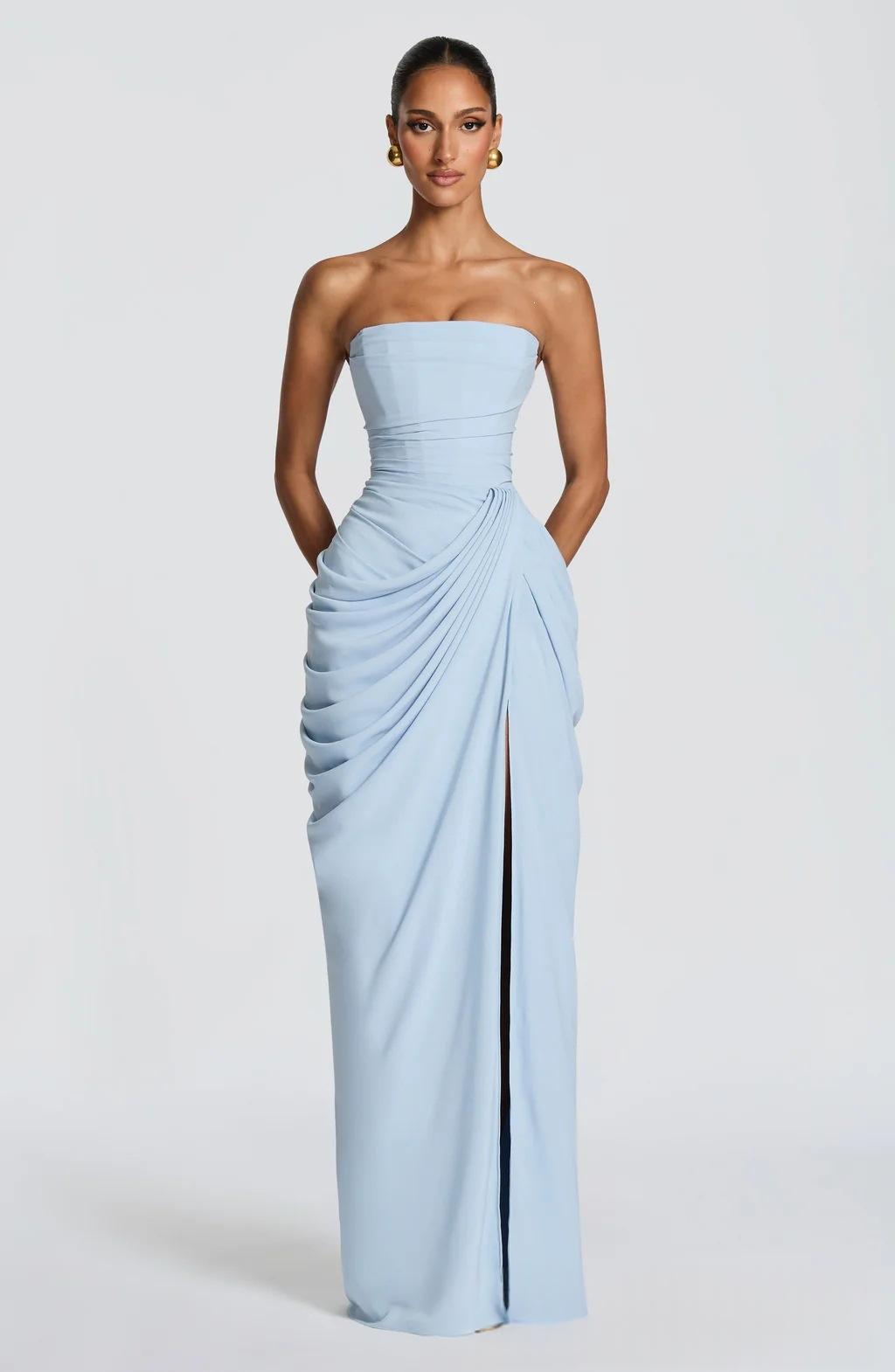 Women’s Strapless Pleated Slit Evening Dress – French Style Elegant Summer Wedding & Party Gown