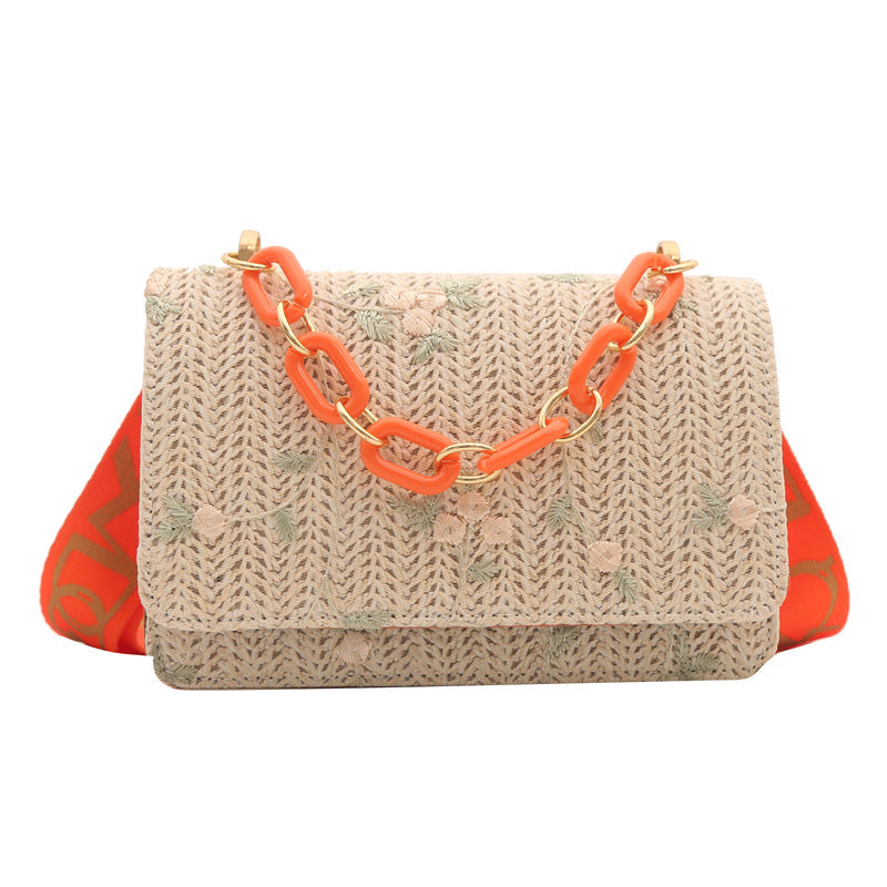 Women's Straw Small Square Crossbody Bag with Acrylic Chain
