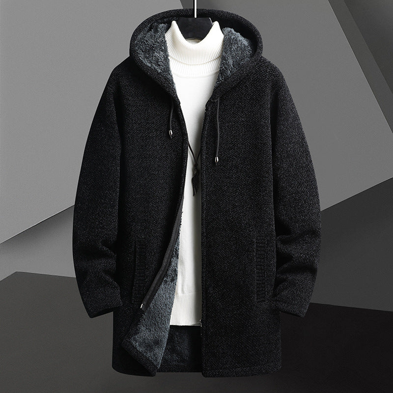Men’s Fleece-Lined Hooded Cardigan Sweater – Mid-Length Zip-Up Winter Jacket