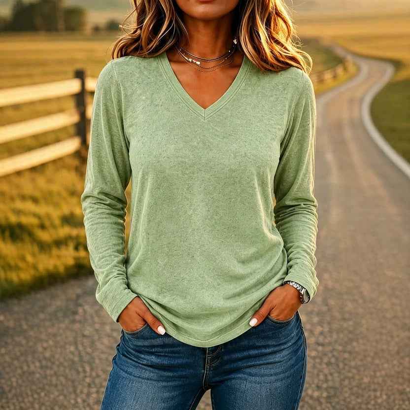 Women’s V-Neck Loose-Fit Long Sleeve T-Shirt – Solid Color Casual Pullover Top
