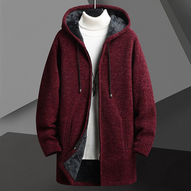 Men’s Fleece-Lined Hooded Cardigan Sweater – Mid-Length Zip-Up Winter Jacket
