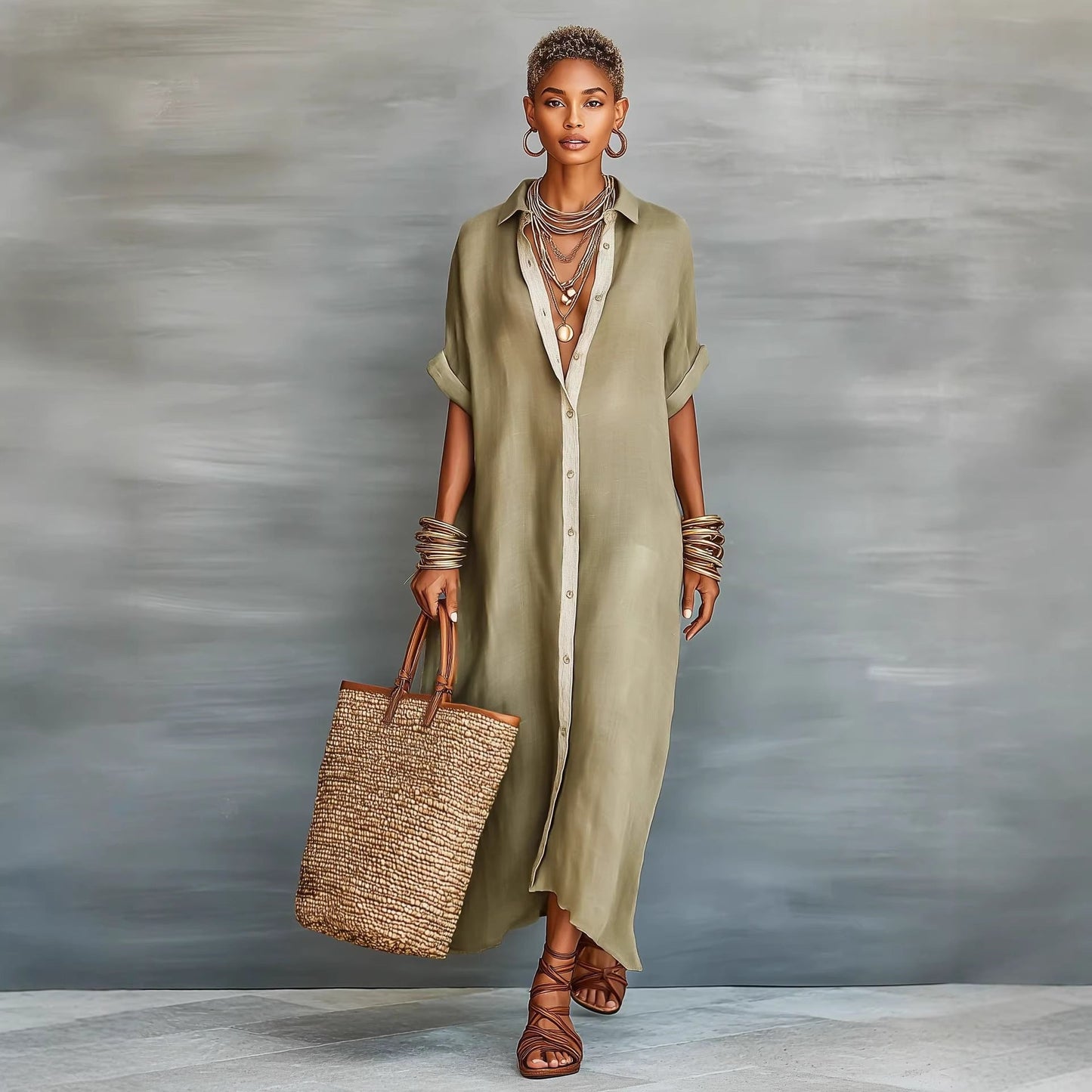 Women’s Summer Short-Sleeve Shirt Dress – Lapel Collar Button-Front Maxi Dress