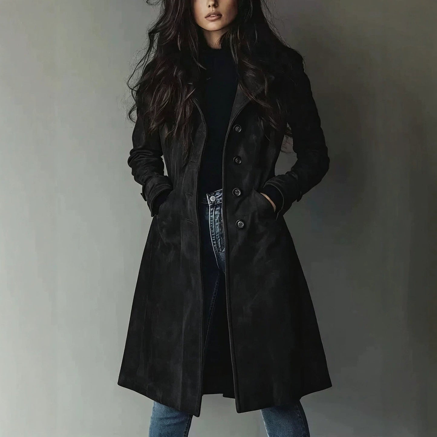 Women’s Suede Lapel Trench Coat – Mid-Length Fall & Winter Belted Jacket
