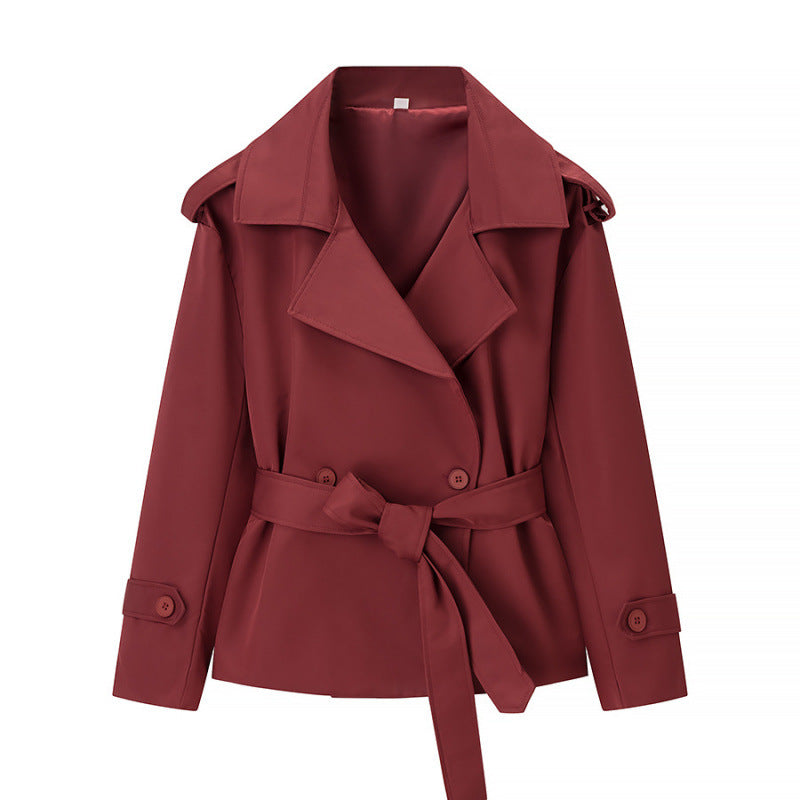 Women’s Solid Color Belted Short Trench Coat – European Style Cropped Jacket with Waist Tie