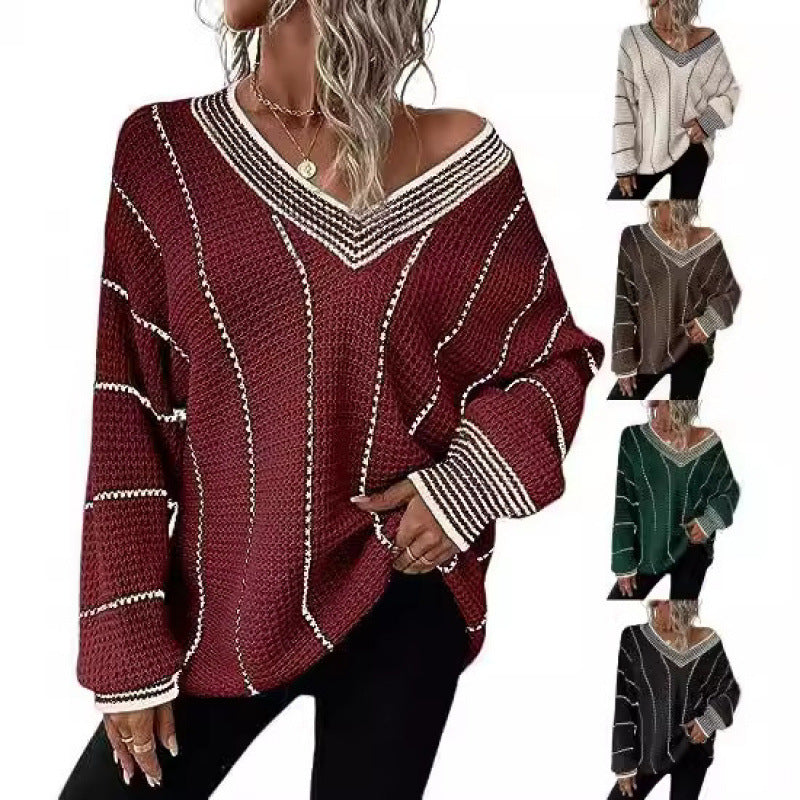 Women’s Striped V-Neck Sweater – Loose-Fit Long-Sleeve Casual Knit Pullover
