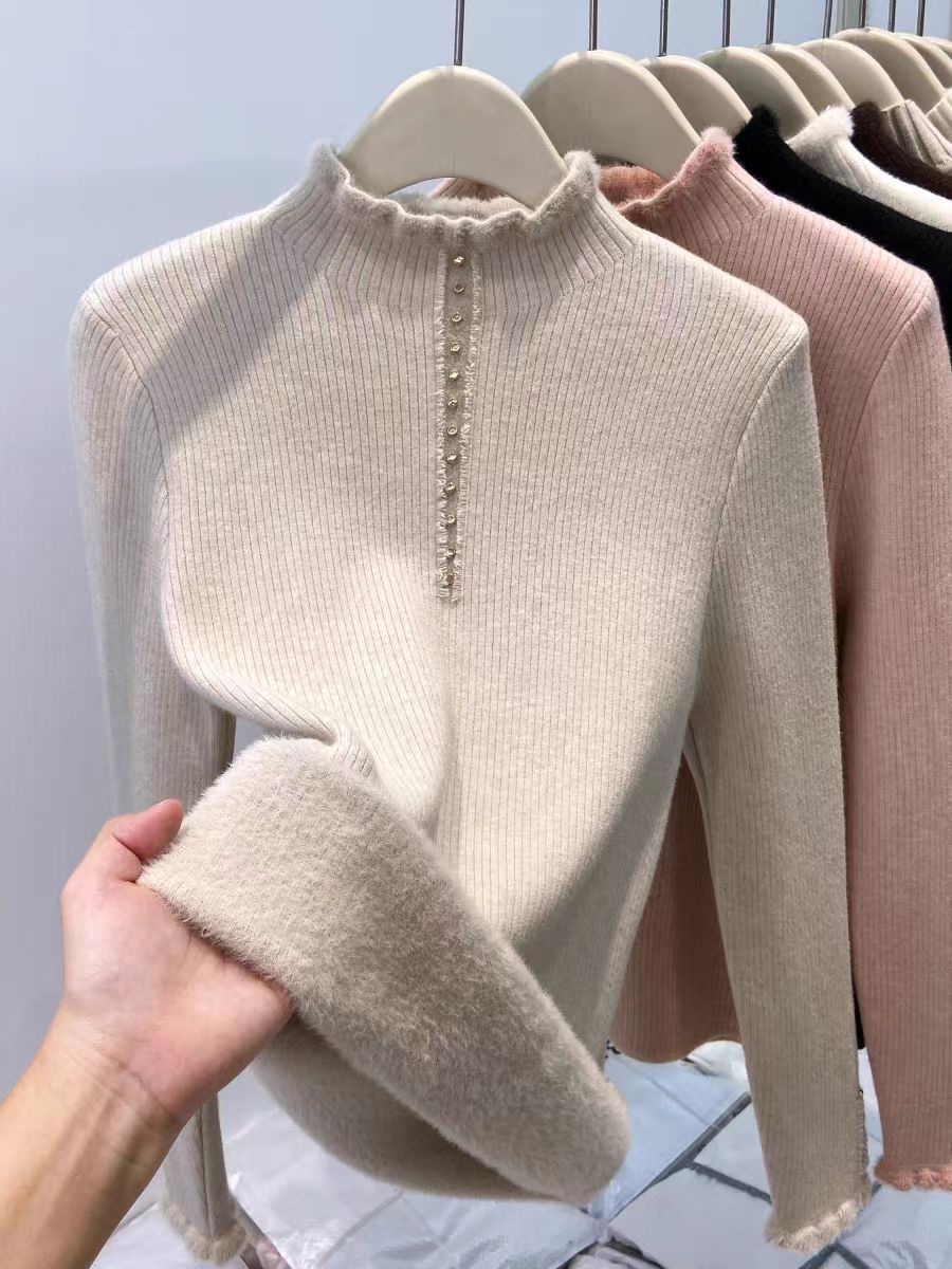 Women’s Fleece-Lined Mock Neck Thermal Top – Oversized One-Piece Pullover for Fall & Winter