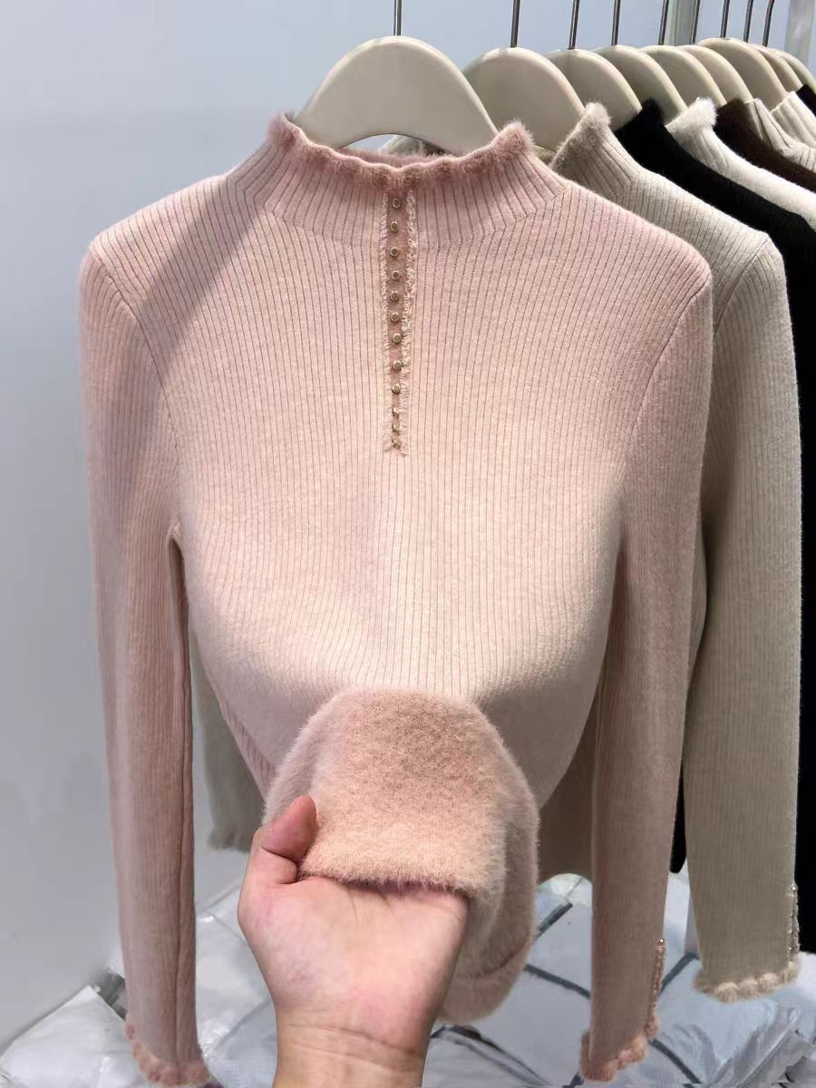 Women’s Fleece-Lined Mock Neck Thermal Top – Oversized One-Piece Pullover for Fall & Winter
