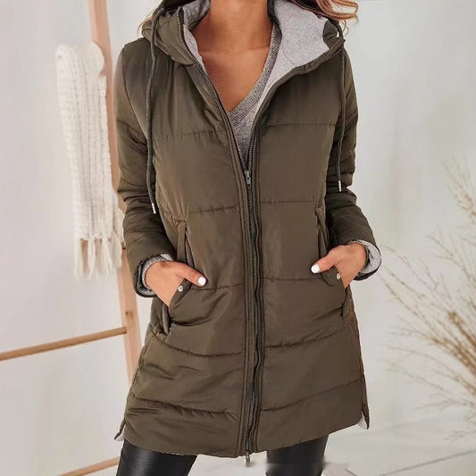 Women’s Hooded Long Cotton Coat with Pockets – Solid Color Casual Winter Jacket