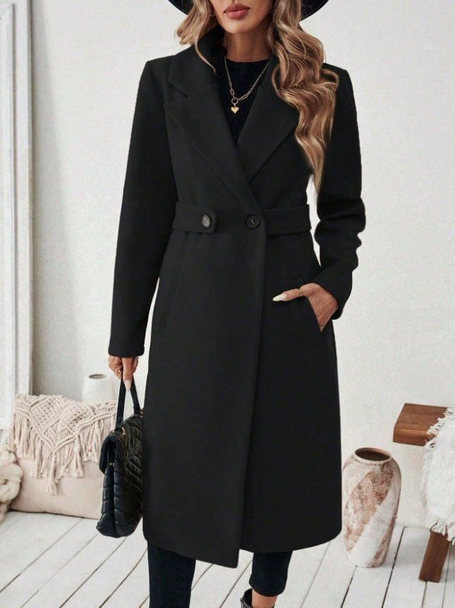 Women’s Double-Breasted Wool Coat – Solid Color Lapel Collar Winter Jacket