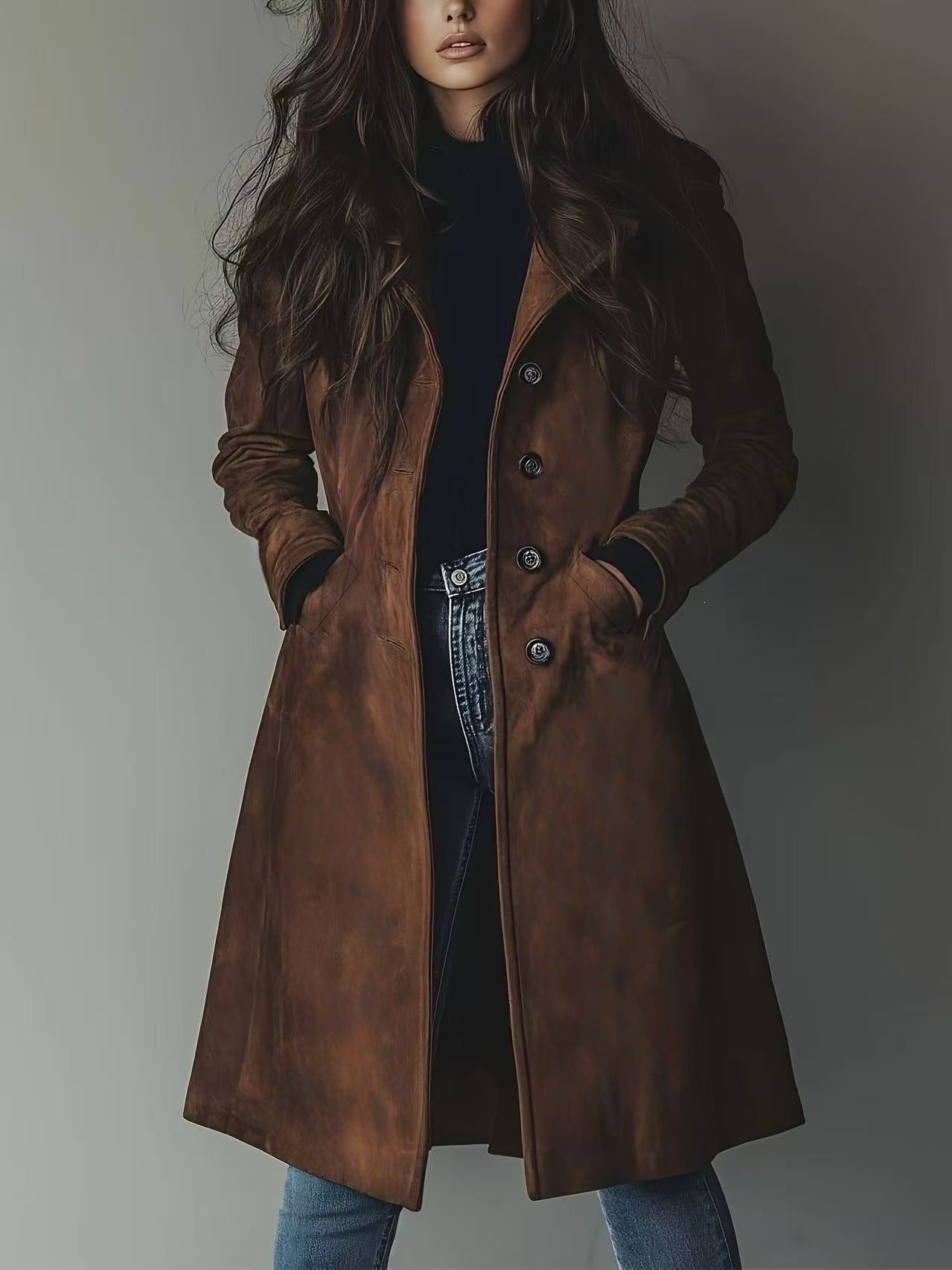 Women’s Suede Lapel Trench Coat – Mid-Length Fall & Winter Belted Jacket