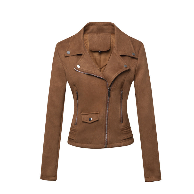 Women’s Slim-Fit Suede Leather Jacket – Short Commuter Motorcycle-Style Outerwear
