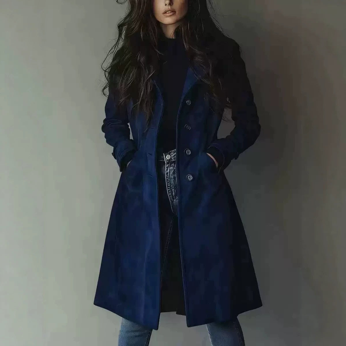 Women’s Suede Lapel Trench Coat – Mid-Length Fall & Winter Belted Jacket