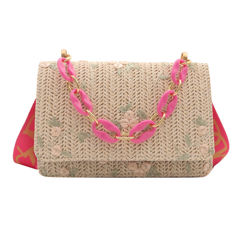 Women's Straw Small Square Crossbody Bag with Acrylic Chain