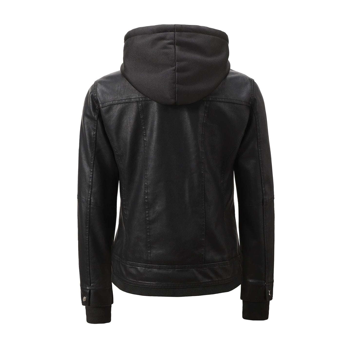 Women’s Faux Leather Biker Jacket with Detachable Hood – Slim-Fit Waist-Cinching Motorcycle Coat