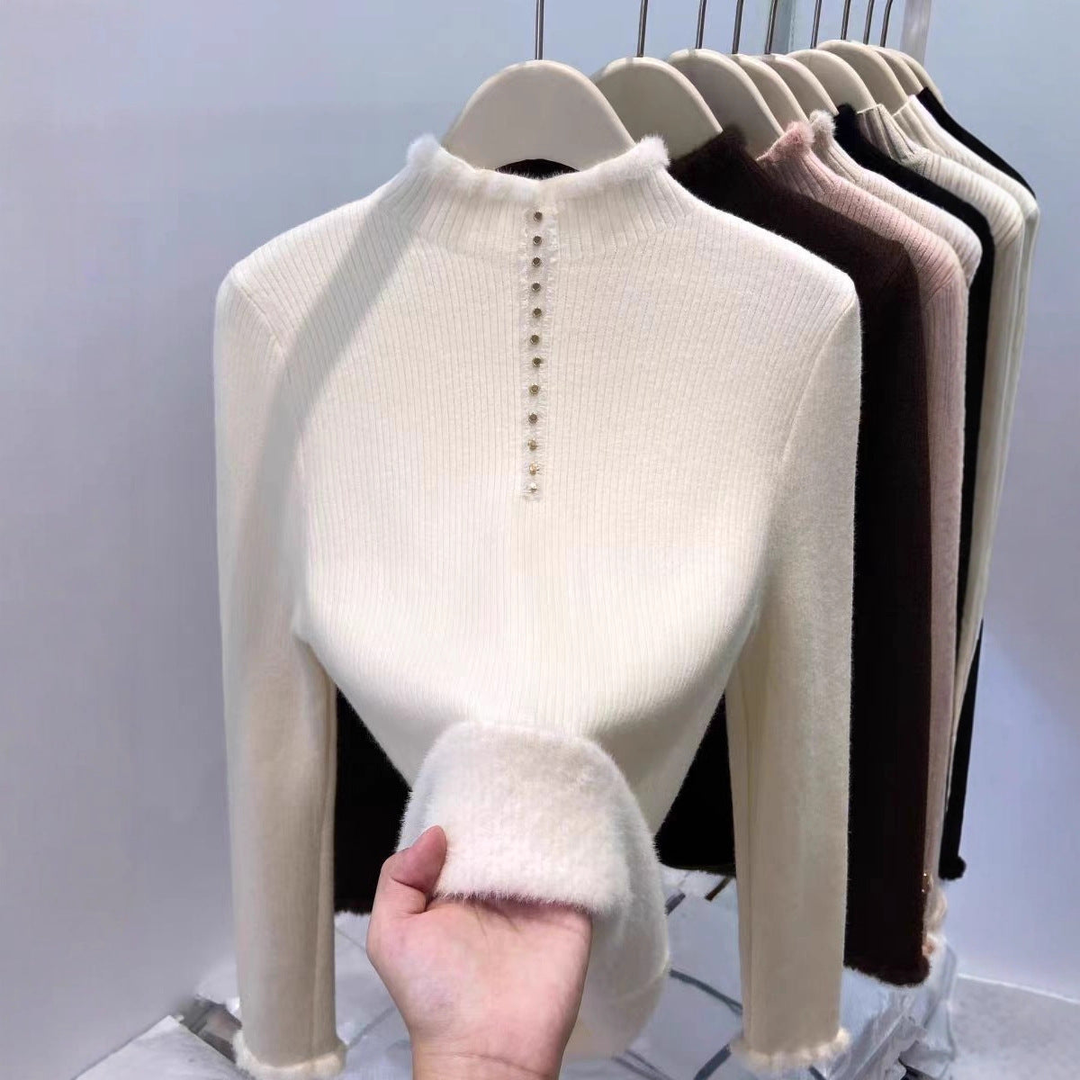 Women’s Fleece-Lined Mock Neck Thermal Top – Oversized One-Piece Pullover for Fall & Winter