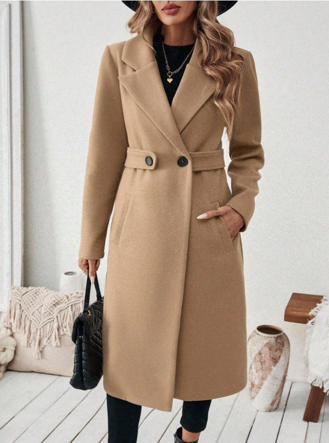 Women’s Double-Breasted Wool Coat – Solid Color Lapel Collar Winter Jacket