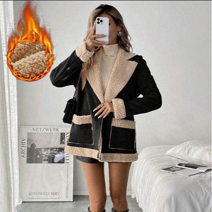 Women’s Suede & Corduroy Lambswool Coat – Warm Winter Long-Sleeve Outerwear Jacket