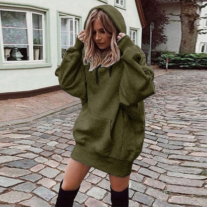 Women’s Solid Color Fleece Hoodie – Loose-Fit Pullover Hooded Sweatshirt