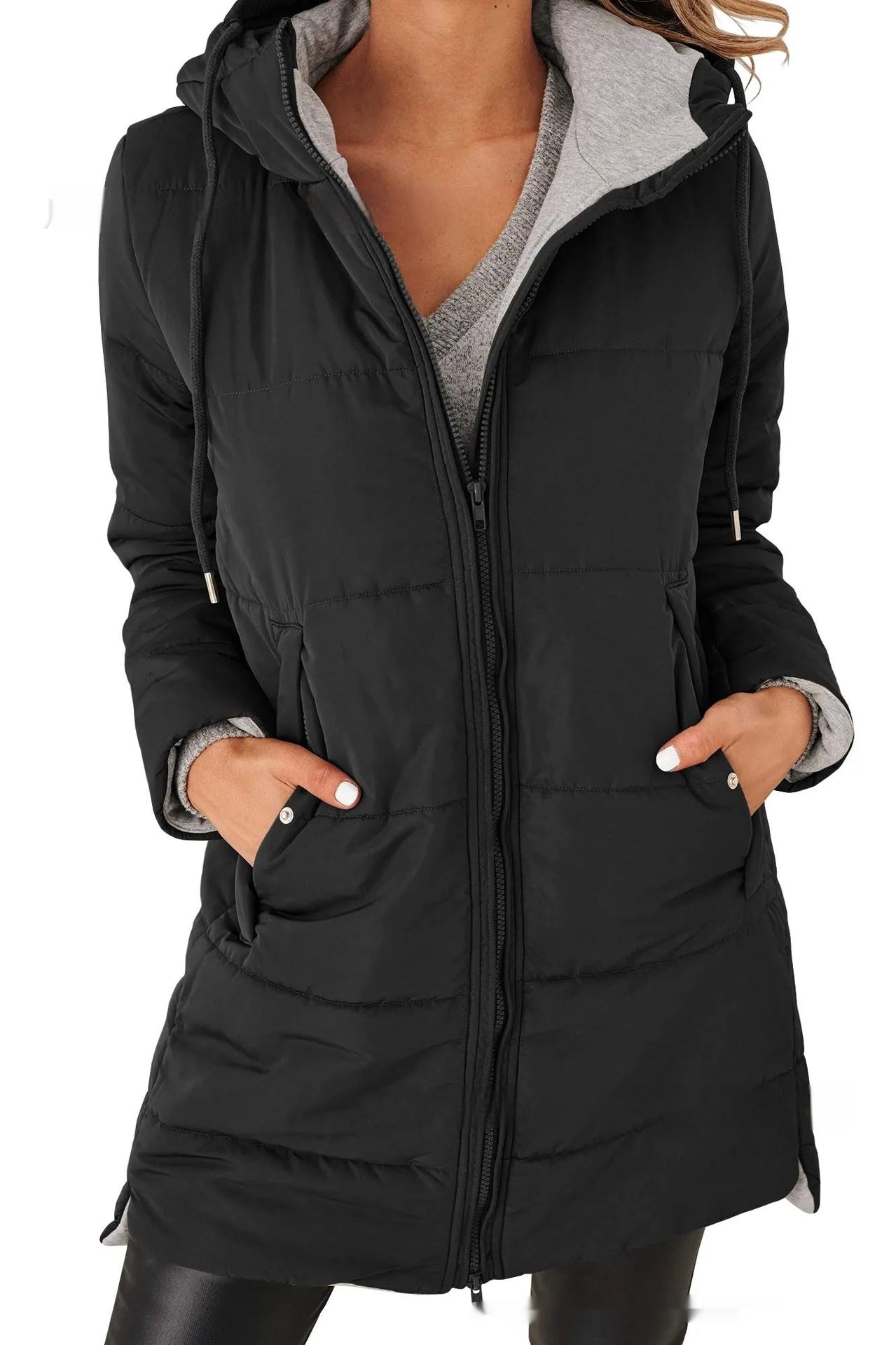Women’s Hooded Long Cotton Coat with Pockets – Solid Color Casual Winter Jacket