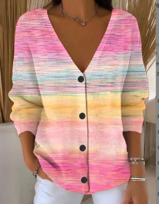 Women’s Printed Knit Cardigan Sweater with Buttons – Casual Long-Sleeve Patterned Pullover