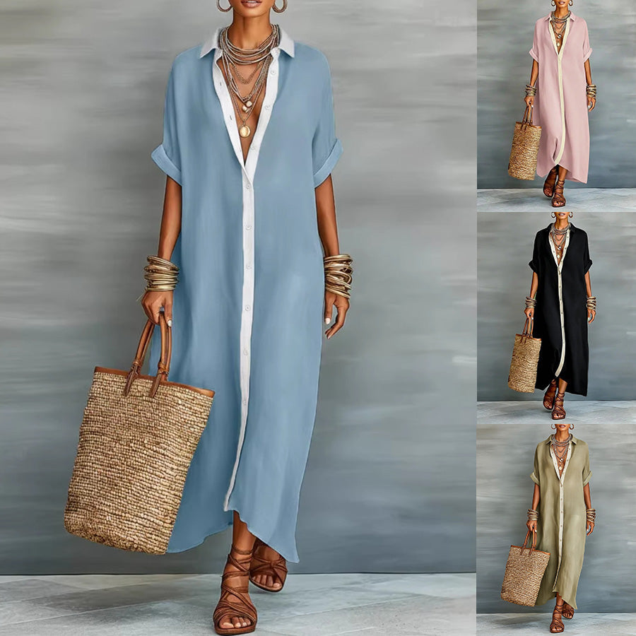 Women’s Summer Short-Sleeve Shirt Dress – Lapel Collar Button-Front Maxi Dress