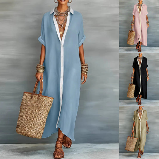 Women’s Summer Short-Sleeve Shirt Dress – Lapel Collar Button-Front Maxi Dress