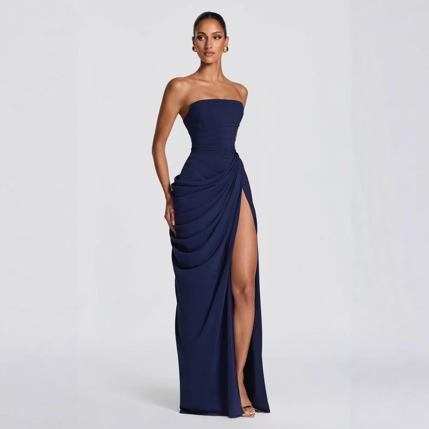 Women’s Strapless Pleated Slit Evening Dress – French Style Elegant Summer Wedding & Party Gown