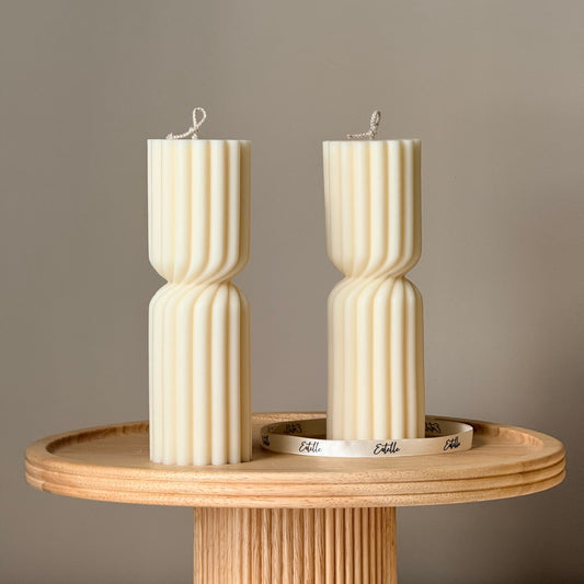 Small Ribbed Hourglass Pillar Candle: Sculptural Soy Wax Candle