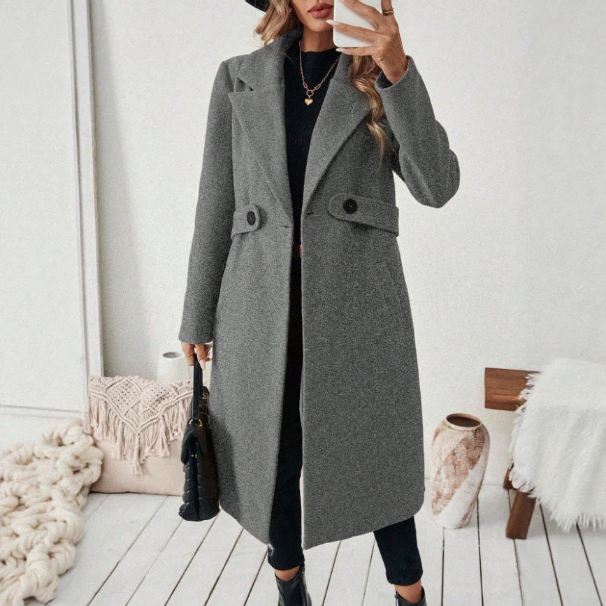 Women’s Double-Breasted Wool Coat – Solid Color Lapel Collar Winter Jacket