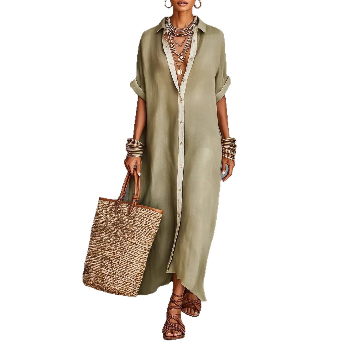 Women’s Summer Short-Sleeve Shirt Dress – Lapel Collar Button-Front Maxi Dress
