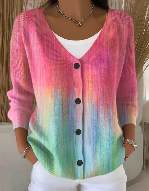 Women’s Printed Knit Cardigan Sweater with Buttons – Casual Long-Sleeve Patterned Pullover