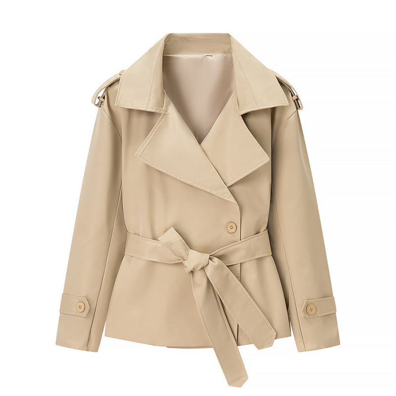 Women’s Solid Color Belted Short Trench Coat – European Style Cropped Jacket with Waist Tie