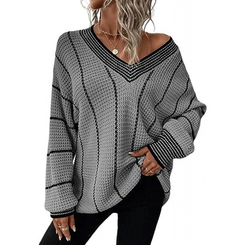 Women’s Striped V-Neck Sweater – Loose-Fit Long-Sleeve Casual Knit Pullover