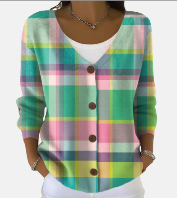 Women’s Printed Knit Cardigan Sweater with Buttons – Casual Long-Sleeve Patterned Pullover