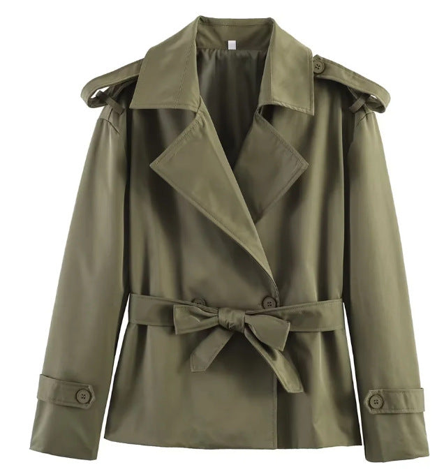 Women’s Solid Color Belted Short Trench Coat – European Style Cropped Jacket with Waist Tie