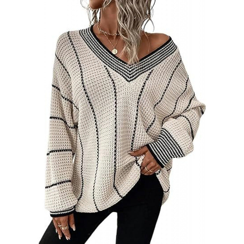 Women’s Striped V-Neck Sweater – Loose-Fit Long-Sleeve Casual Knit Pullover