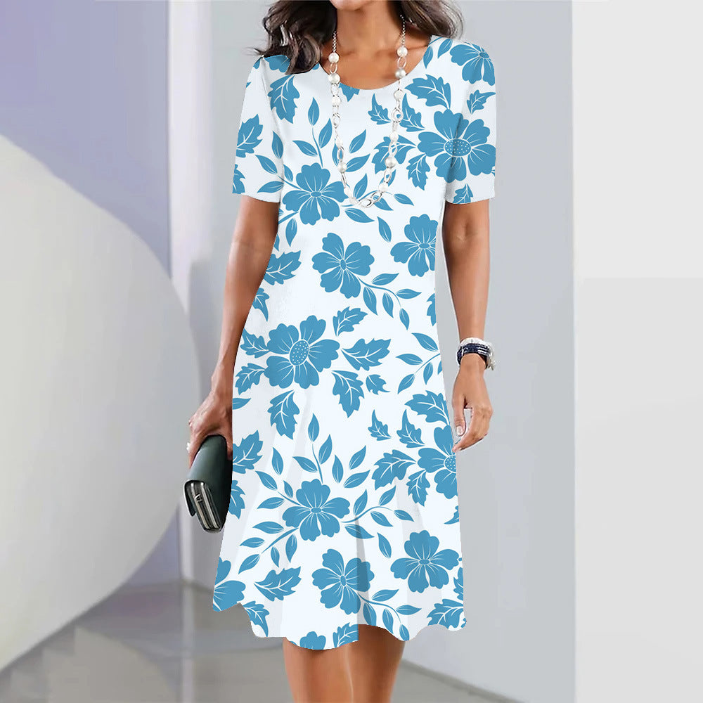Women’s 3D Floral Print Party Dress – Blue Round-Neck Sleeveless Elegant Dress