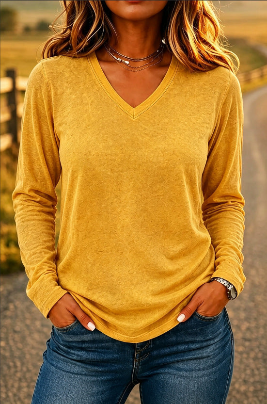 Women’s V-Neck Loose-Fit Long Sleeve T-Shirt – Solid Color Casual Pullover Top