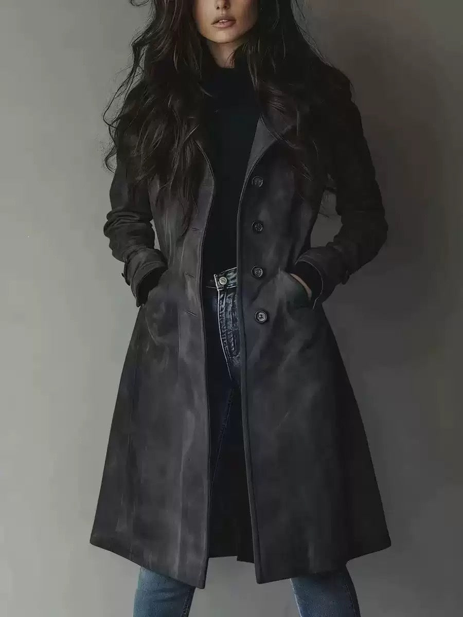 Women’s Suede Lapel Trench Coat – Mid-Length Fall & Winter Belted Jacket