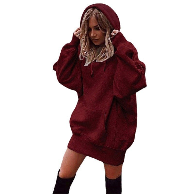 Women’s Solid Color Fleece Hoodie – Loose-Fit Pullover Hooded Sweatshirt