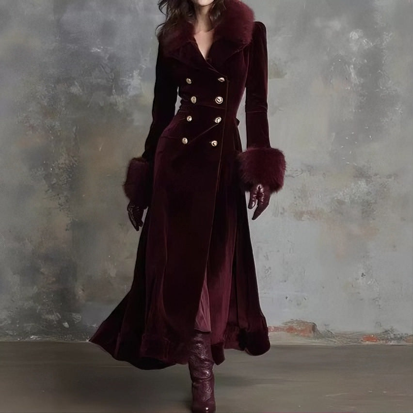 Women’s Retro Fur-Trimmed Waist-Cinching Coat – Solid Color Single-Breasted Winter Jacket