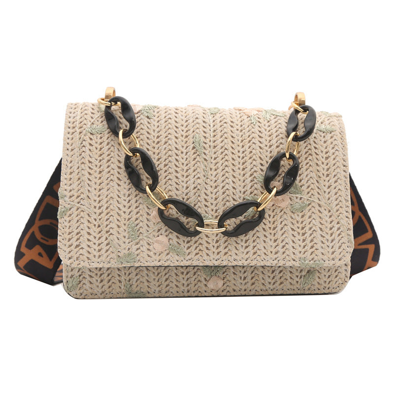 Women's Straw Small Square Crossbody Bag with Acrylic Chain